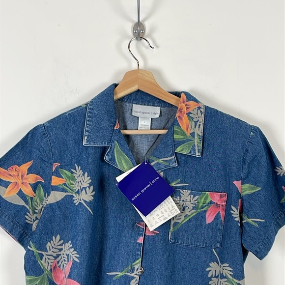 Susan Graver Denim Button Down Floral Short Sleeve Blouse Womens L 1 Pocket - Picture 3 of 8